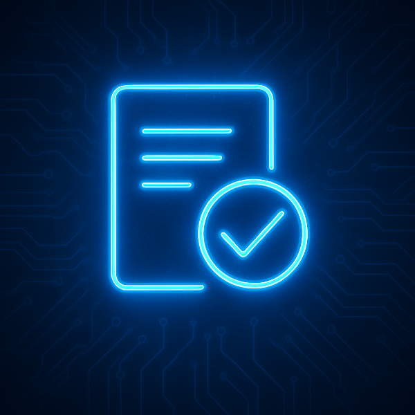 A Stamp checkmark on a document being verified by the blockchain.